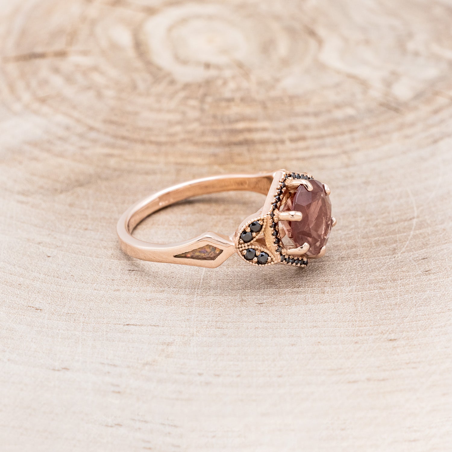"LUCY IN THE SKY" - ROUND CUT OREGON SUNSTONE ENGAGEMENT RING WITH BLACK DIAMOND ACCENTS & FIRE AND ICE OPAL INLAYS-2