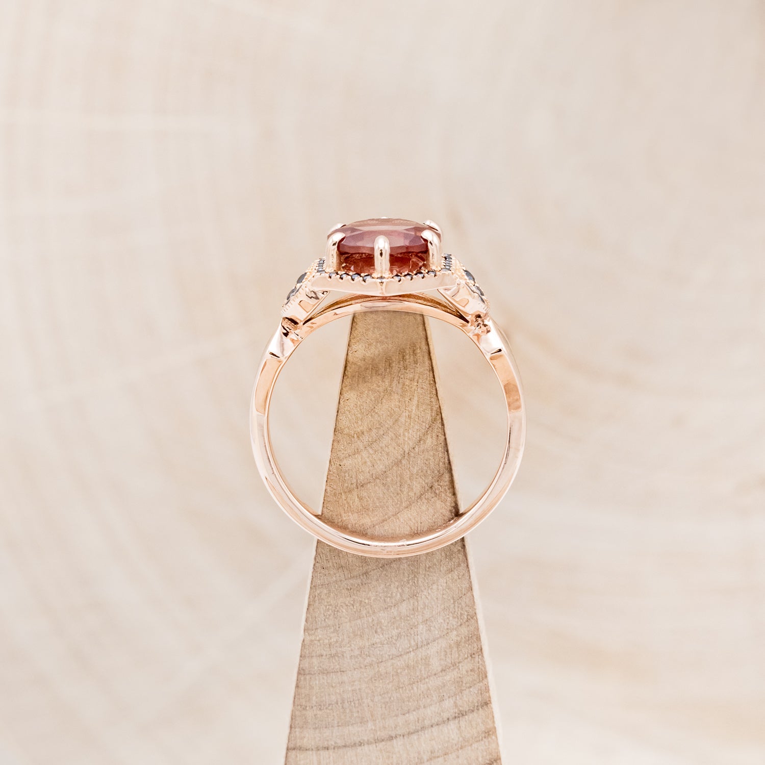 "LUCY IN THE SKY" - ROUND CUT OREGON SUNSTONE ENGAGEMENT RING WITH BLACK DIAMOND ACCENTS & FIRE AND ICE OPAL INLAYS-6