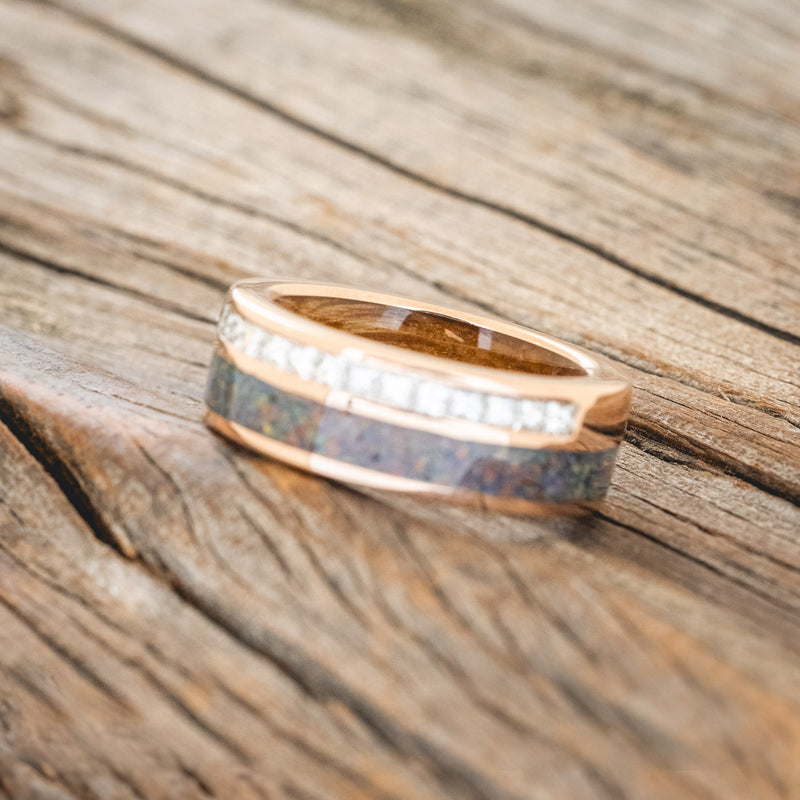 "MEMPHIS" - DIAMONDS & BLACK FIRE OPAL WEDDING BAND FEATURING A WHISKEY BARREL LINED 14K GOLD BAND