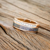 "MEMPHIS" - DIAMONDS & BLACK FIRE OPAL WEDDING BAND FEATURING A WHISKEY BARREL LINED 14K GOLD BAND