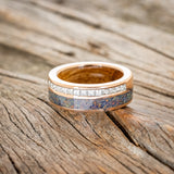 "MEMPHIS" - DIAMONDS & BLACK FIRE OPAL WEDDING BAND FEATURING A WHISKEY BARREL LINED 14K GOLD BAND