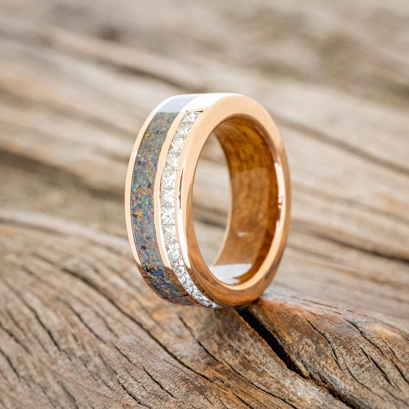 "MEMPHIS" - DIAMONDS & BLACK FIRE OPAL WEDDING BAND FEATURING A WHISKEY BARREL LINED 14K GOLD BAND-1