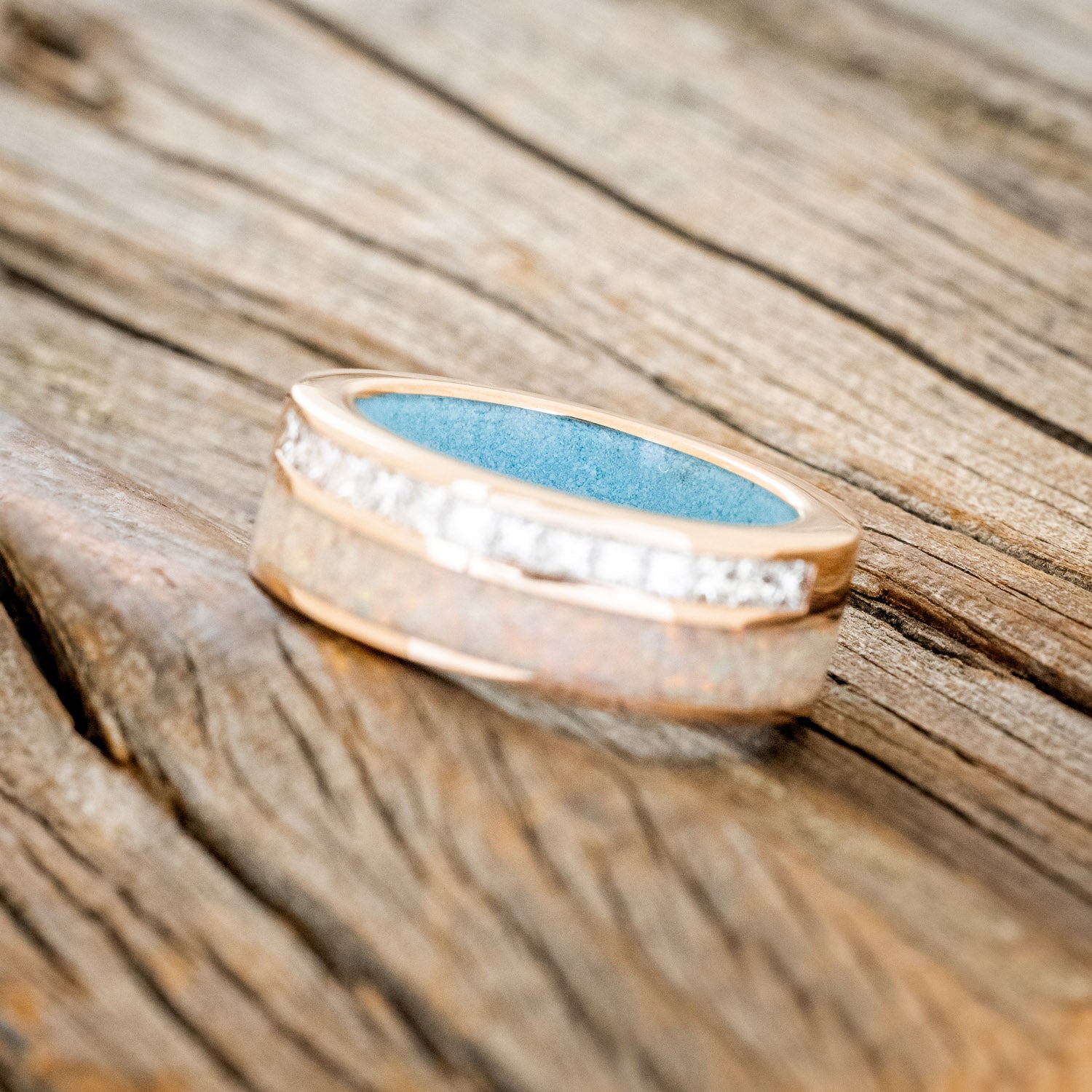 "MEMPHIS" - DIAMONDS & FIRE AND ICE OPAL WEDDING BAND FEATURING A TURQUOISE LINED 14K GOLD BAND-5