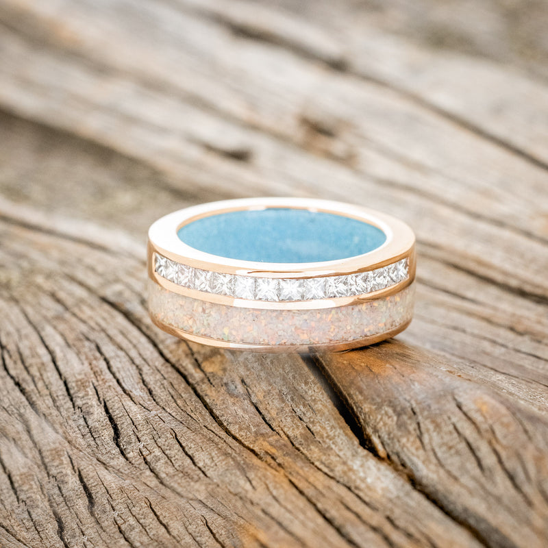 "MEMPHIS" - DIAMONDS & FIRE AND ICE OPAL WEDDING BAND FEATURING A TURQUOISE LINED 14K GOLD BAND