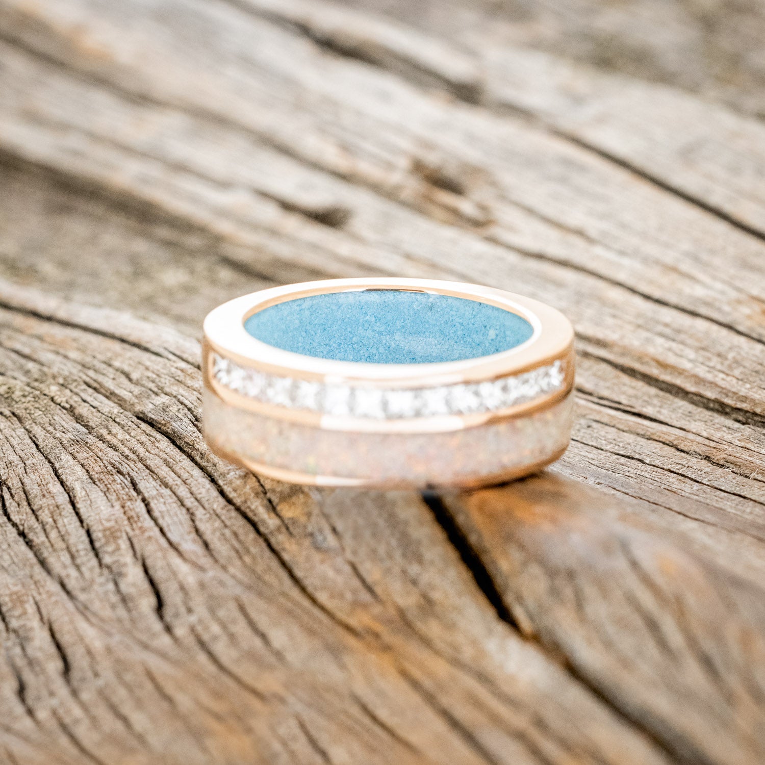 "MEMPHIS" - DIAMONDS & FIRE AND ICE OPAL WEDDING BAND FEATURING A TURQUOISE LINED 14K GOLD BAND-6
