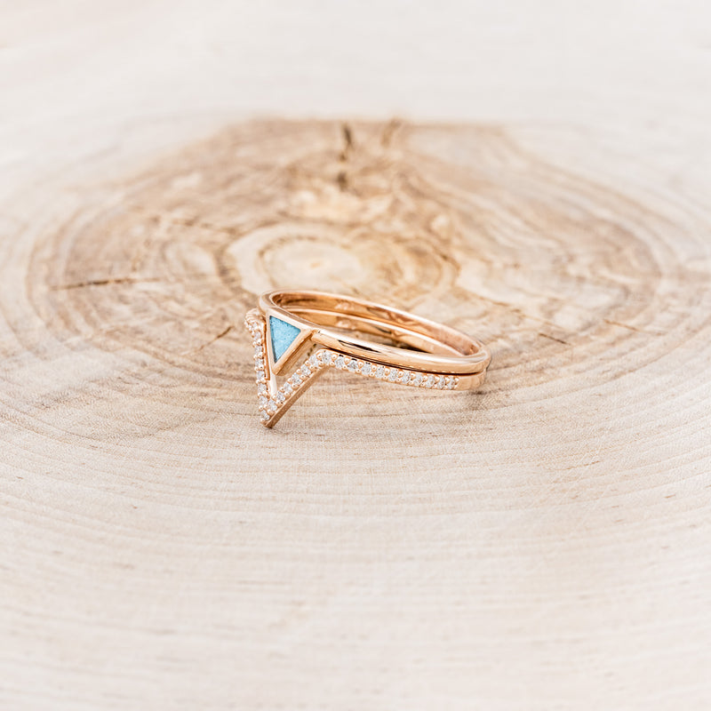 "MERA" - TRIANGLE TURQUOISE ENGAGEMENT RING WITH A DIAMOND V-SHAPED STACKER - 14K ROSE GOLD - 7 1/4-6