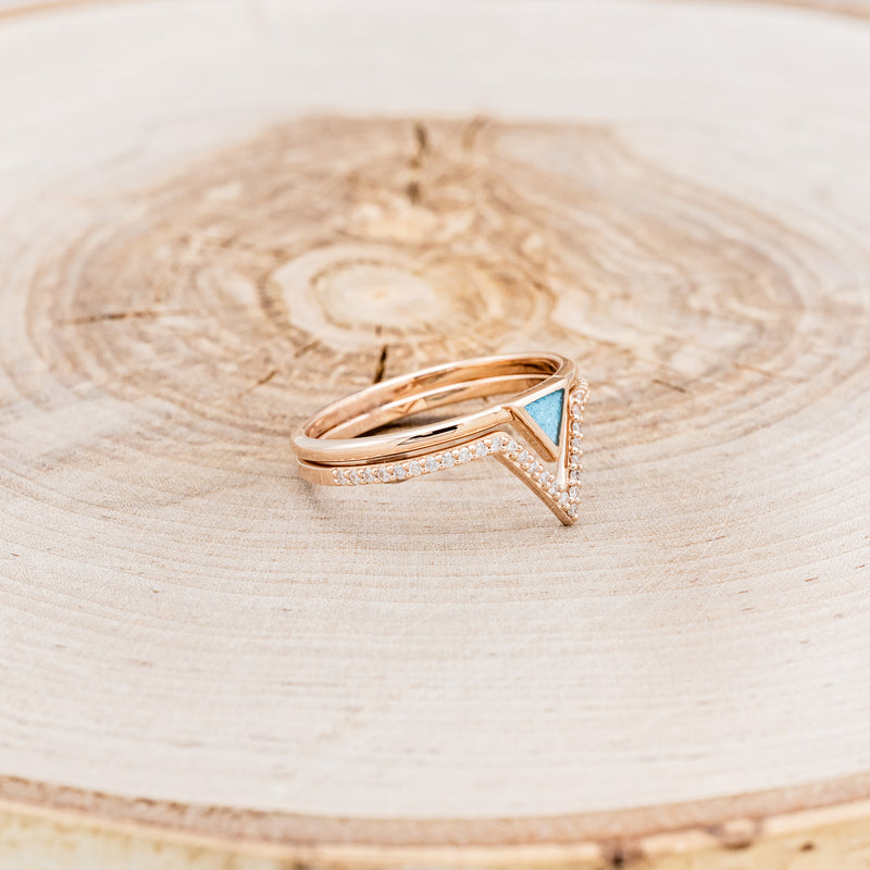 "MERA" - TRIANGLE TURQUOISE ENGAGEMENT RING WITH A DIAMOND V-SHAPED STACKER - 14K ROSE GOLD - 7 1/4-7