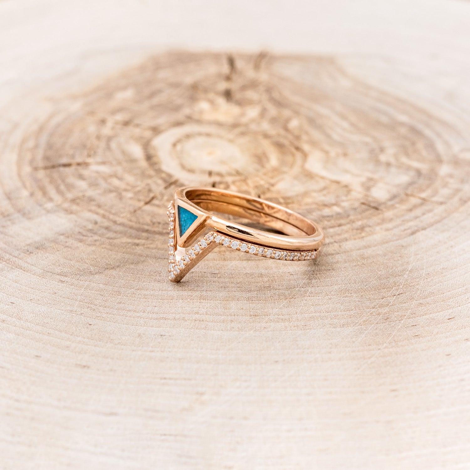 "MERA" - TRIANGLE TURQUOISE ENGAGEMENT RING WITH A DIAMOND V-SHAPED STACKER-3