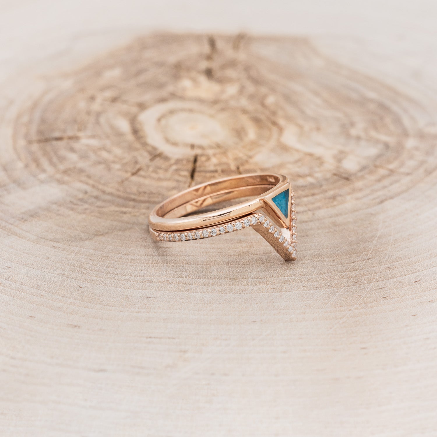 "MERA" - TRIANGLE TURQUOISE ENGAGEMENT RING WITH A DIAMOND V-SHAPED STACKER-2