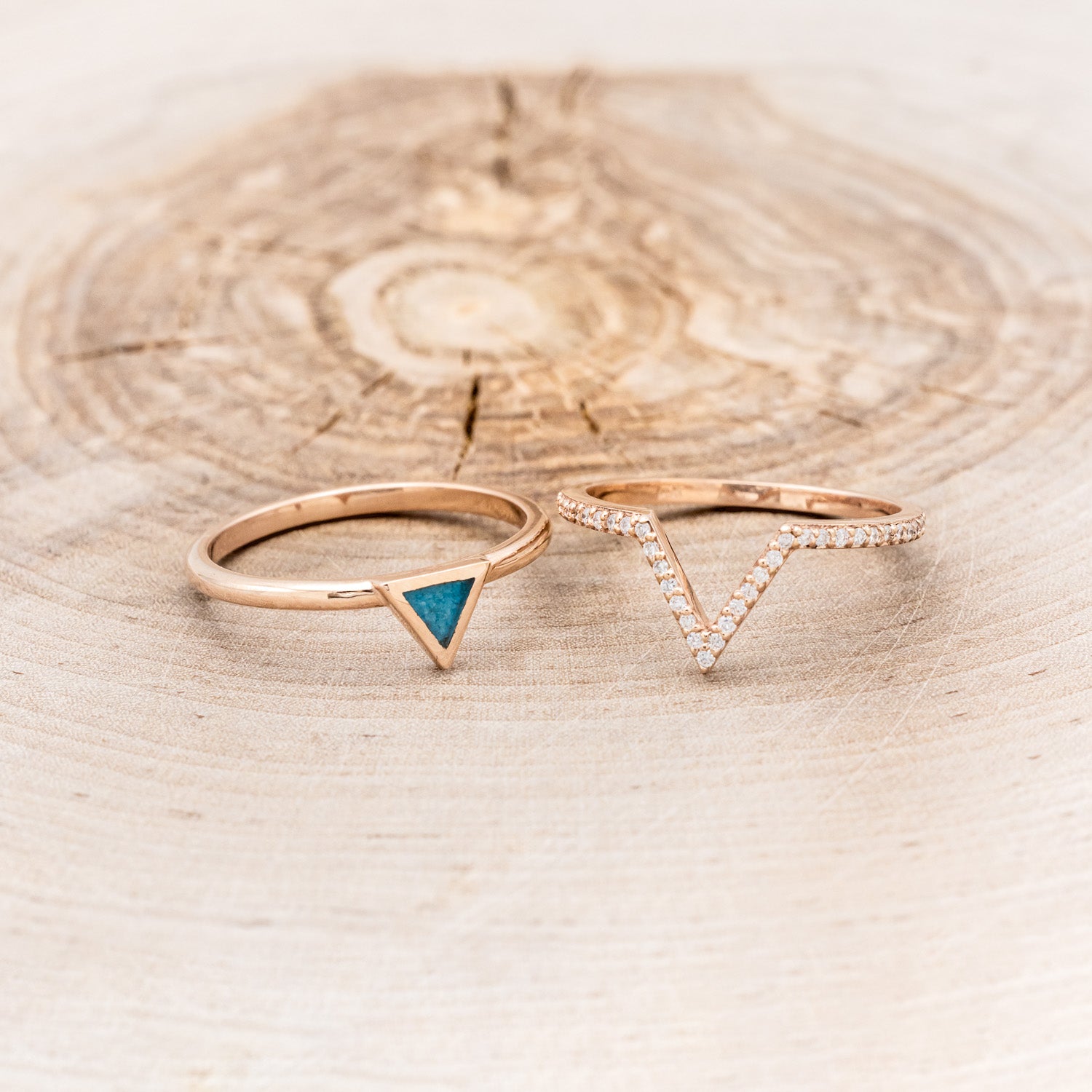 "MERA" - TRIANGLE TURQUOISE ENGAGEMENT RING WITH A DIAMOND V-SHAPED STACKER-5
