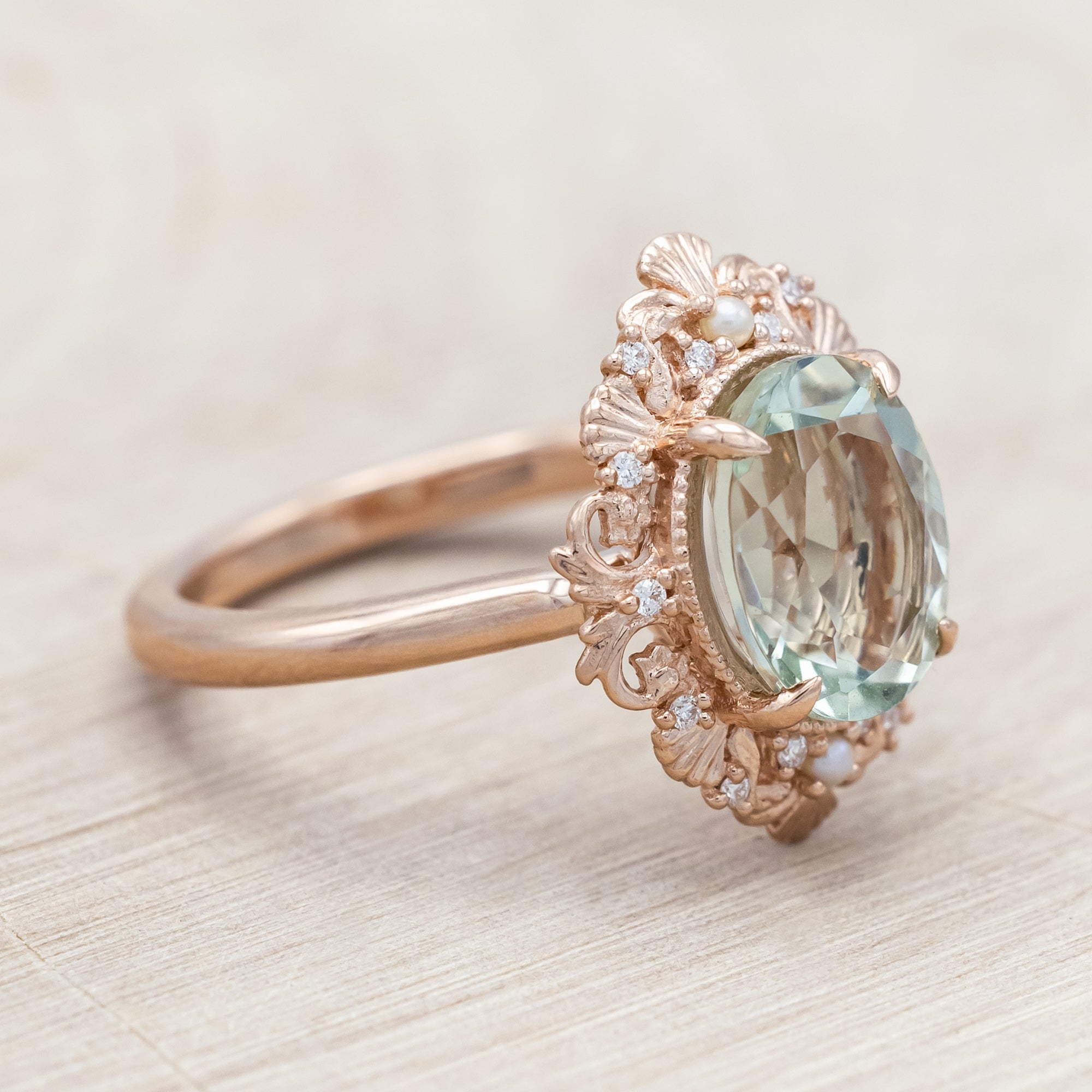 "MERROW" - OVAL CUT ENGAGEMENT RING WITH DIAMOND & PEARL ACCENTS-Staghead Designs