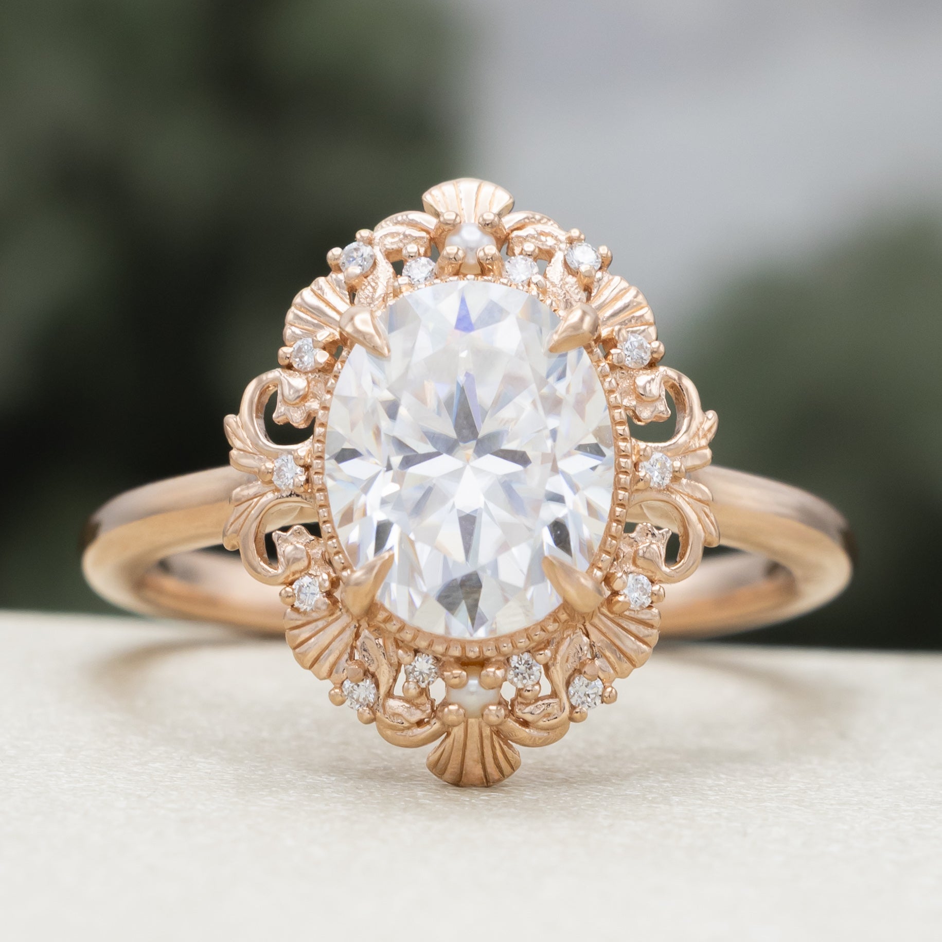 "Merrow" - Moissanite Engagement Ring With Pearl Accents And Diamond Tracer-Staghead Designs