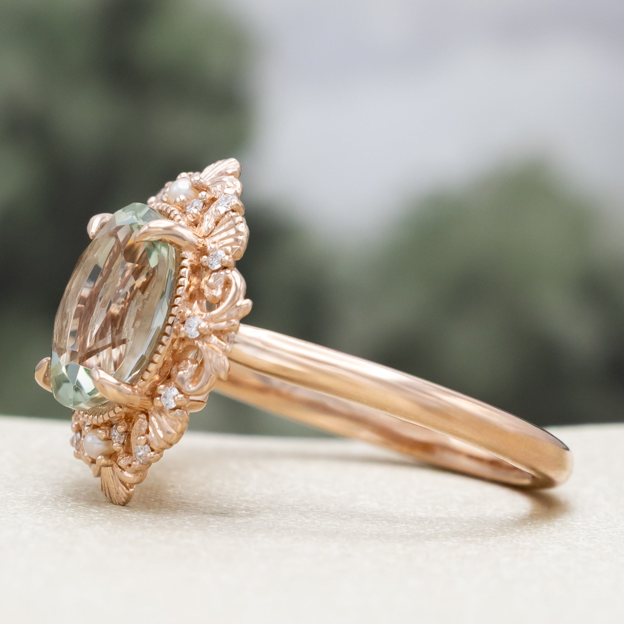 "MERROW" - OVAL CUT ENGAGEMENT RING WITH PEARL ACCENTS AND DIAMOND TRACER-Staghead Designs