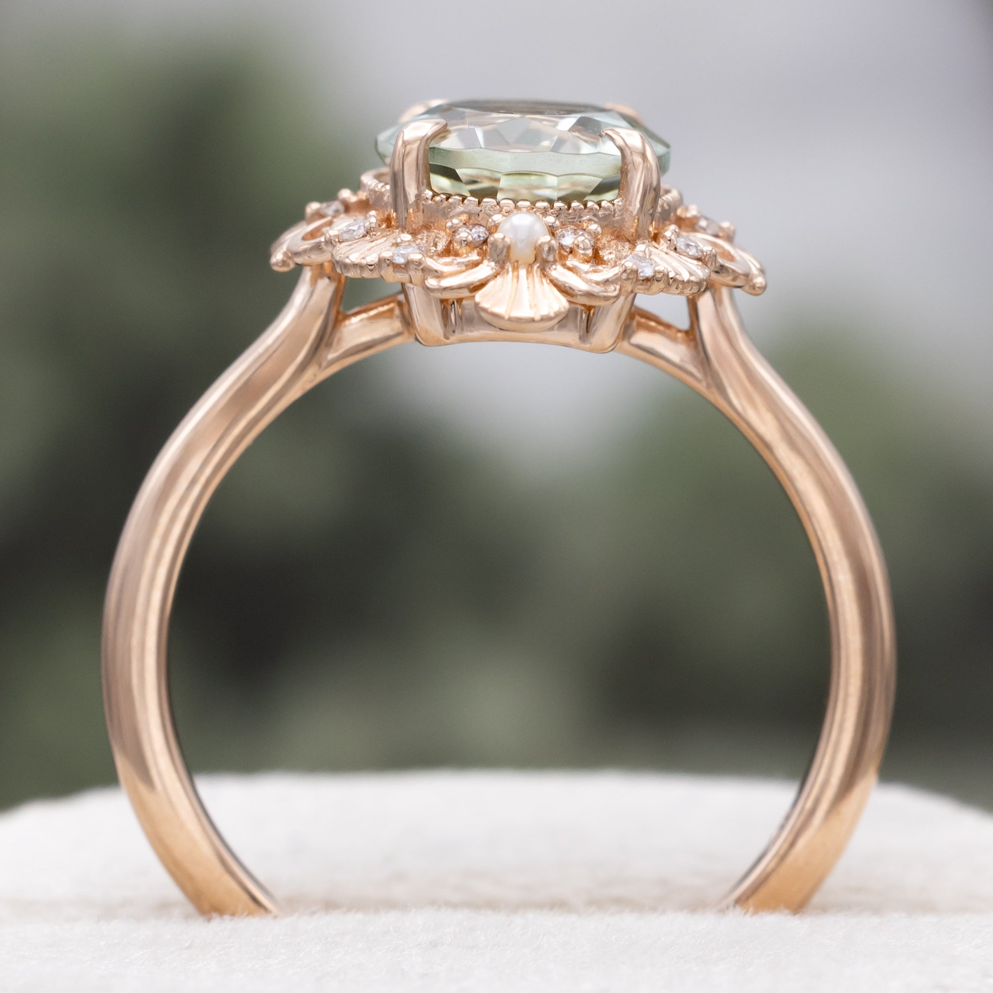 "MERROW" - OVAL CUT ENGAGEMENT RING WITH PEARL ACCENTS AND DIAMOND TRACER-Staghead Designs