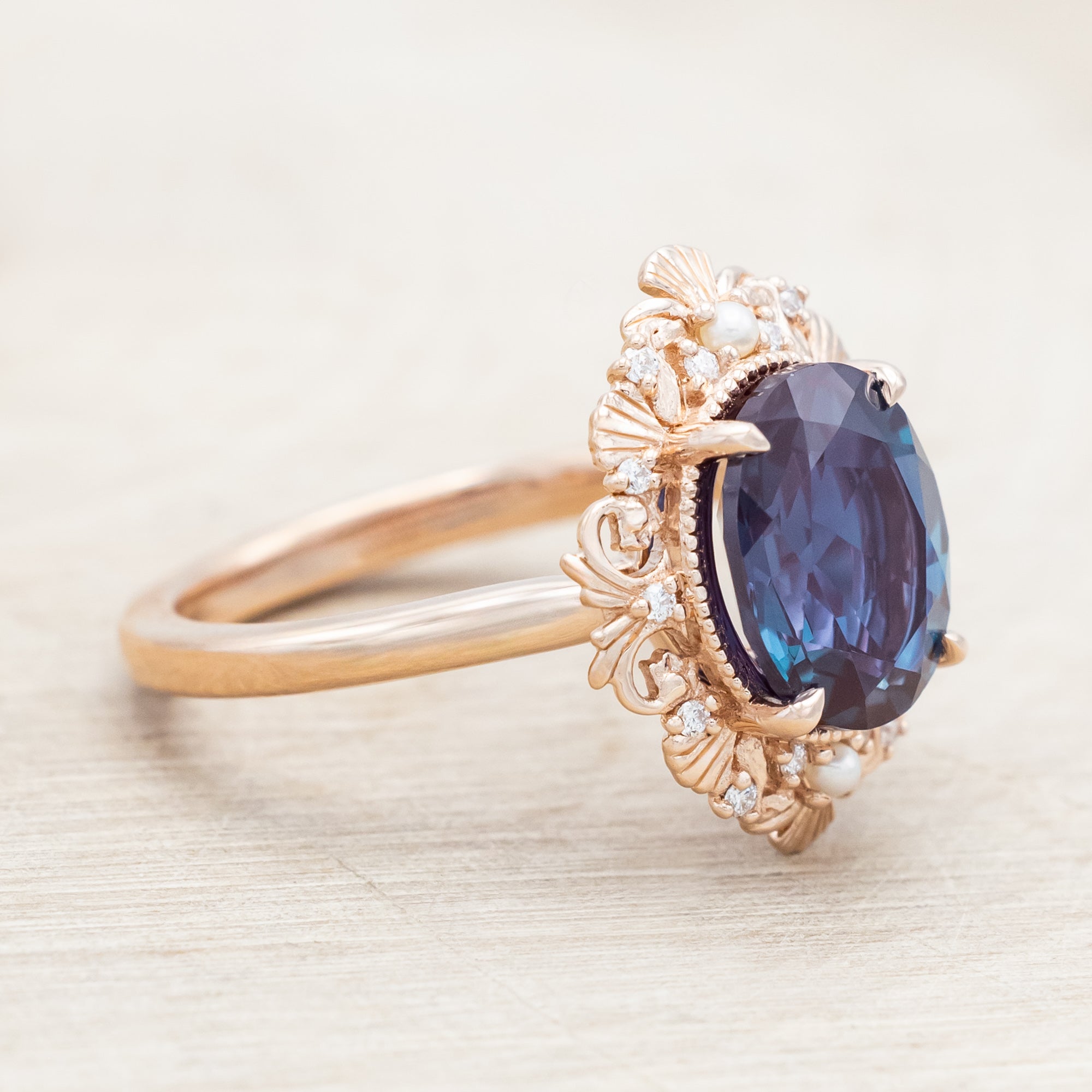 "MERROW" - OVAL CUT ENGAGEMENT RING WITH DIAMOND & PEARL ACCENTS-Staghead Designs