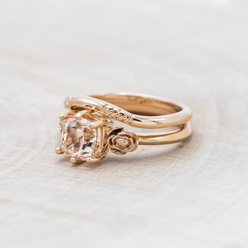 "EVIE" - CUSHION CUT MORGANITE ENGAGEMENT RING SET WITH FLOWER ACCENTS-Staghead Designs