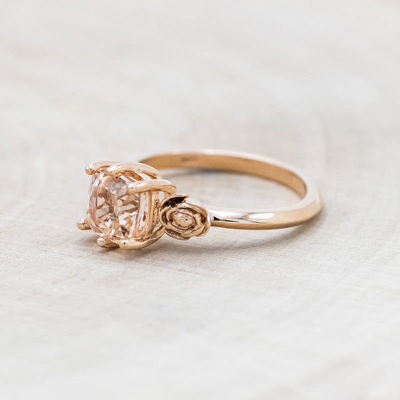 "EVIE" - CUSHION CUT MORGANITE ENGAGEMENT RING SET WITH FLOWER ACCENTS-Staghead Designs