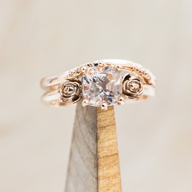 "EVIE" - CUSHION CUT MORGANITE ENGAGEMENT RING SET WITH FLOWER ACCENTS-Staghead Designs