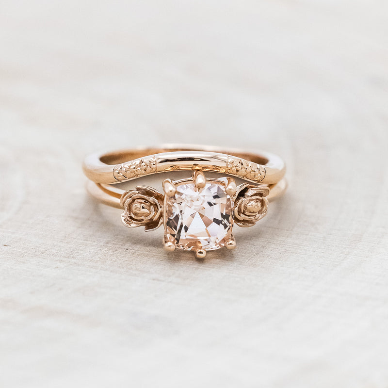 "EVIE" - CUSHION CUT MORGANITE ENGAGEMENT RING SET WITH FLOWER ACCENTS-Staghead Designs