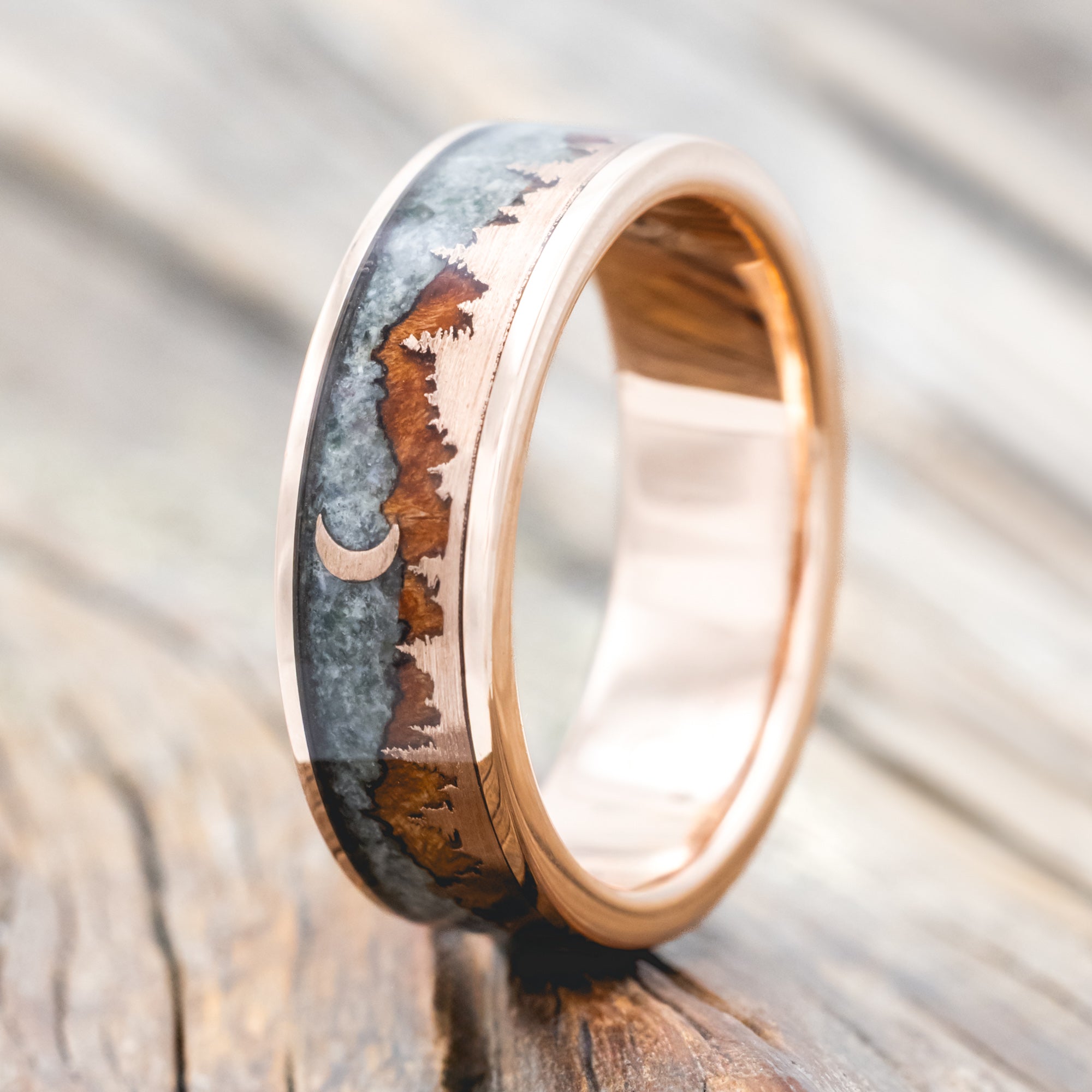 "ORION" - MOSS AGATE & REDWOOD TETON MOUNTAIN RANGE WEDDING BAND WITH 14K GOLD TREE & CRESCENT MOON ACCENTS-Staghead Designs