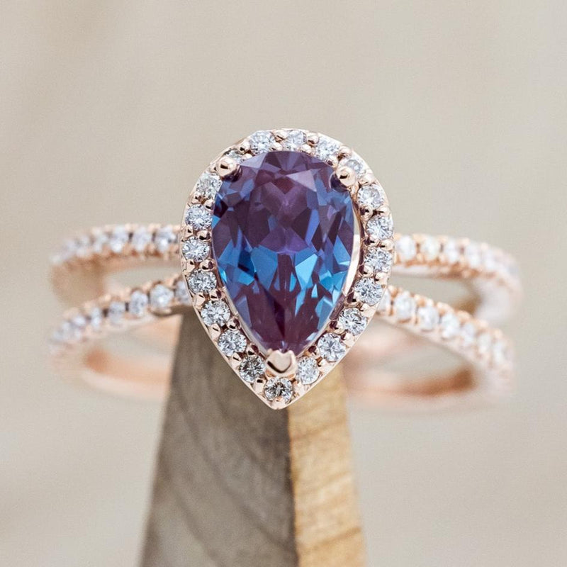 "NALA" - PEAR-SHAPED LAB-GROWN ALEXANDRITE ENGAGEMENT RING WITH DIAMOND HALO & ACCENTS-Staghead Designs