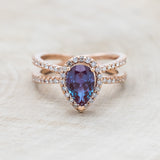 "NALA" - PEAR-SHAPED LAB-GROWN ALEXANDRITE ENGAGEMENT RING WITH DIAMOND HALO & ACCENTS-Staghead Designs