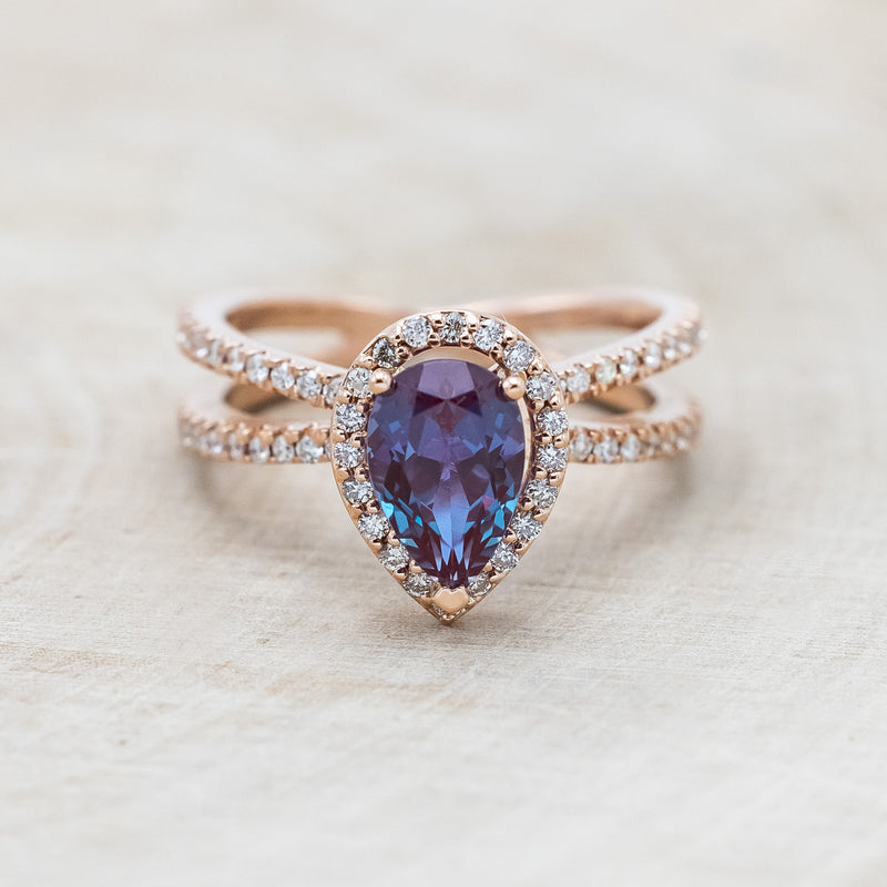 "NALA" - PEAR-SHAPED LAB-GROWN ALEXANDRITE ENGAGEMENT RING WITH DIAMOND HALO & ACCENTS-Staghead Designs