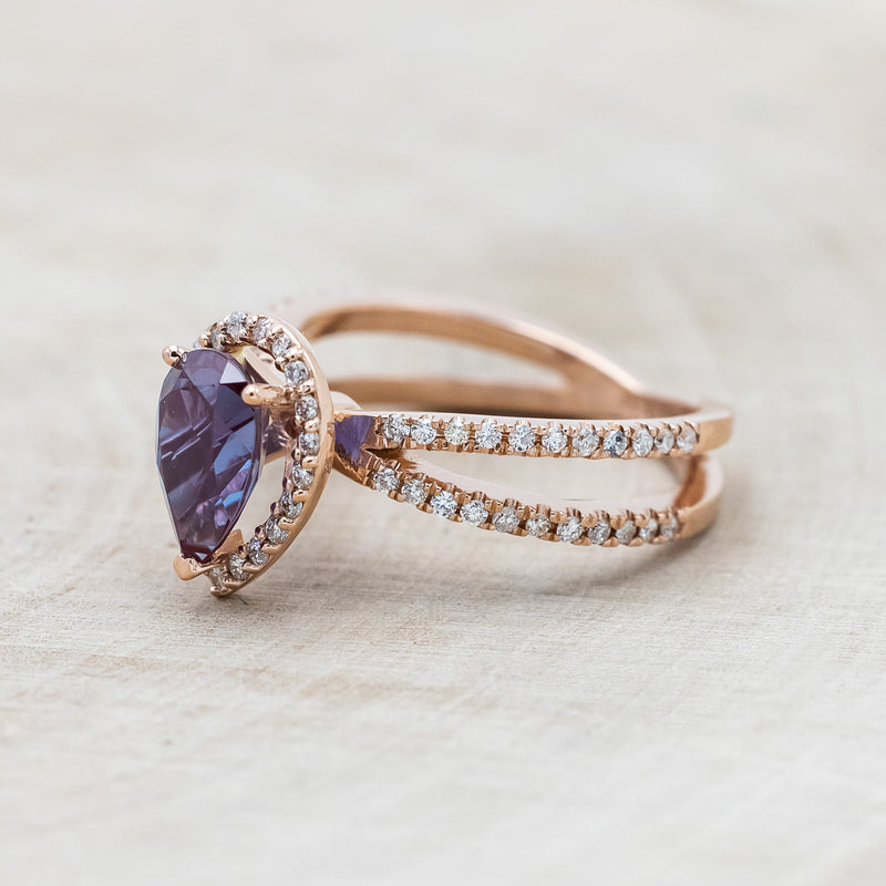 "NALA" - PEAR-SHAPED LAB-GROWN ALEXANDRITE ENGAGEMENT RING WITH DIAMOND HALO & ACCENTS-Staghead Designs