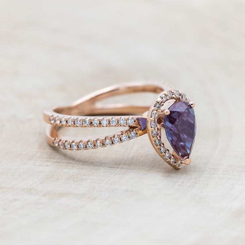 "NALA" - PEAR-SHAPED LAB-GROWN ALEXANDRITE ENGAGEMENT RING WITH DIAMOND HALO & ACCENTS-Staghead Designs