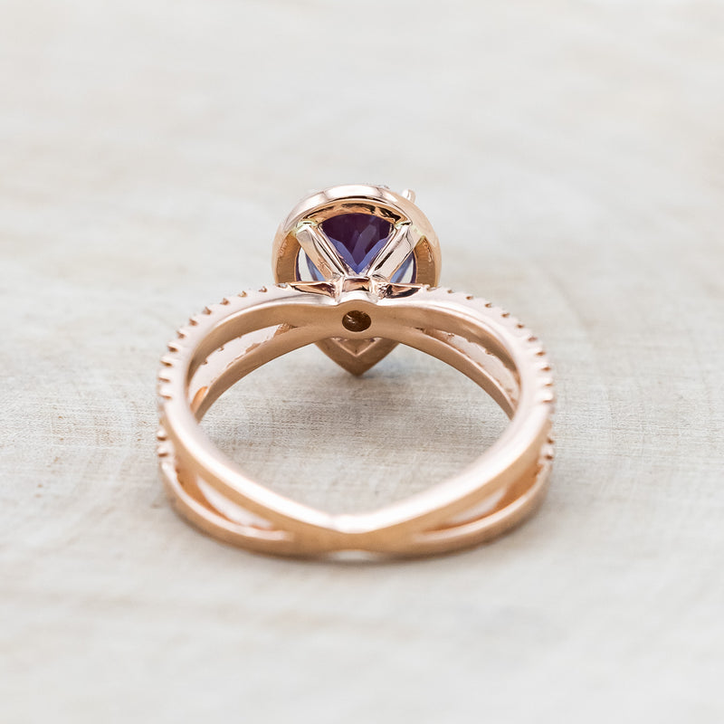 "NALA" - PEAR-SHAPED LAB-GROWN ALEXANDRITE ENGAGEMENT RING WITH DIAMOND HALO & ACCENTS-Staghead Designs