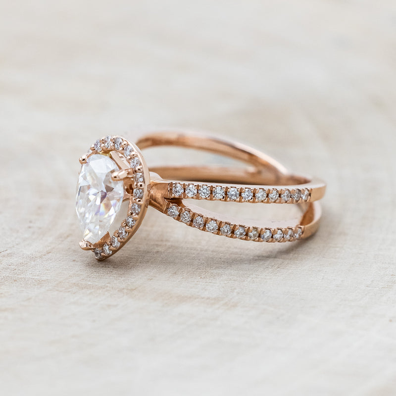 "NALA" - PEAR-SHAPED MOISSANITE ENGAGEMENT RING WITH DIAMOND HALO & ACCENTS-Staghead Designs