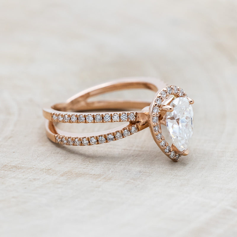 "NALA" - PEAR-SHAPED MOISSANITE ENGAGEMENT RING WITH DIAMOND HALO & ACCENTS-Staghead Designs