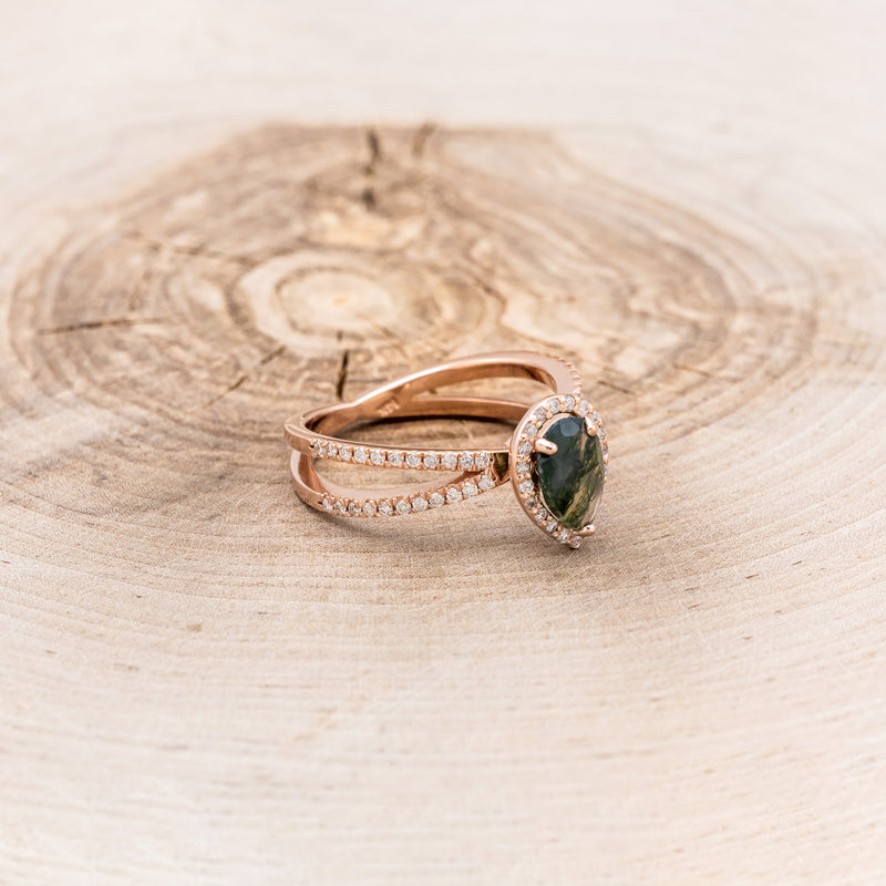 "NALA" - PEAR-SHAPED MOSS AGATE ENGAGEMENT RING WITH DIAMOND HALO & ACCENTS - READY TO SHIP