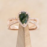 "NALA" - PEAR-SHAPED MOSS AGATE ENGAGEMENT RING WITH DIAMOND HALO & ACCENTS - READY TO SHIP