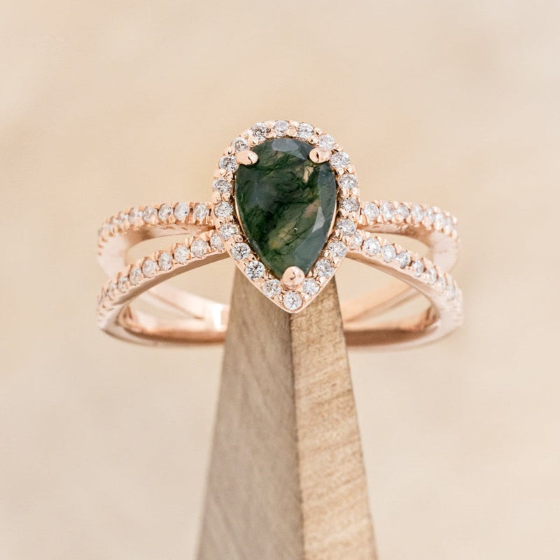 "NALA" - PEAR-SHAPED MOSS AGATE ENGAGEMENT RING WITH DIAMOND HALO & ACCENTS-1