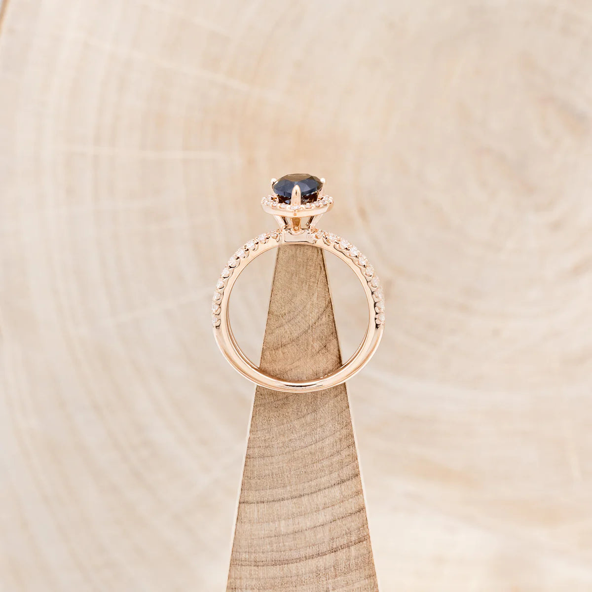"NALA" - PEAR-SHAPED SALT & PEPPER DIAMOND ENGAGEMENT RING WITH DIAMOND HALO & ACCENTS - 14K ROSE GOLD - SIZE 7-6