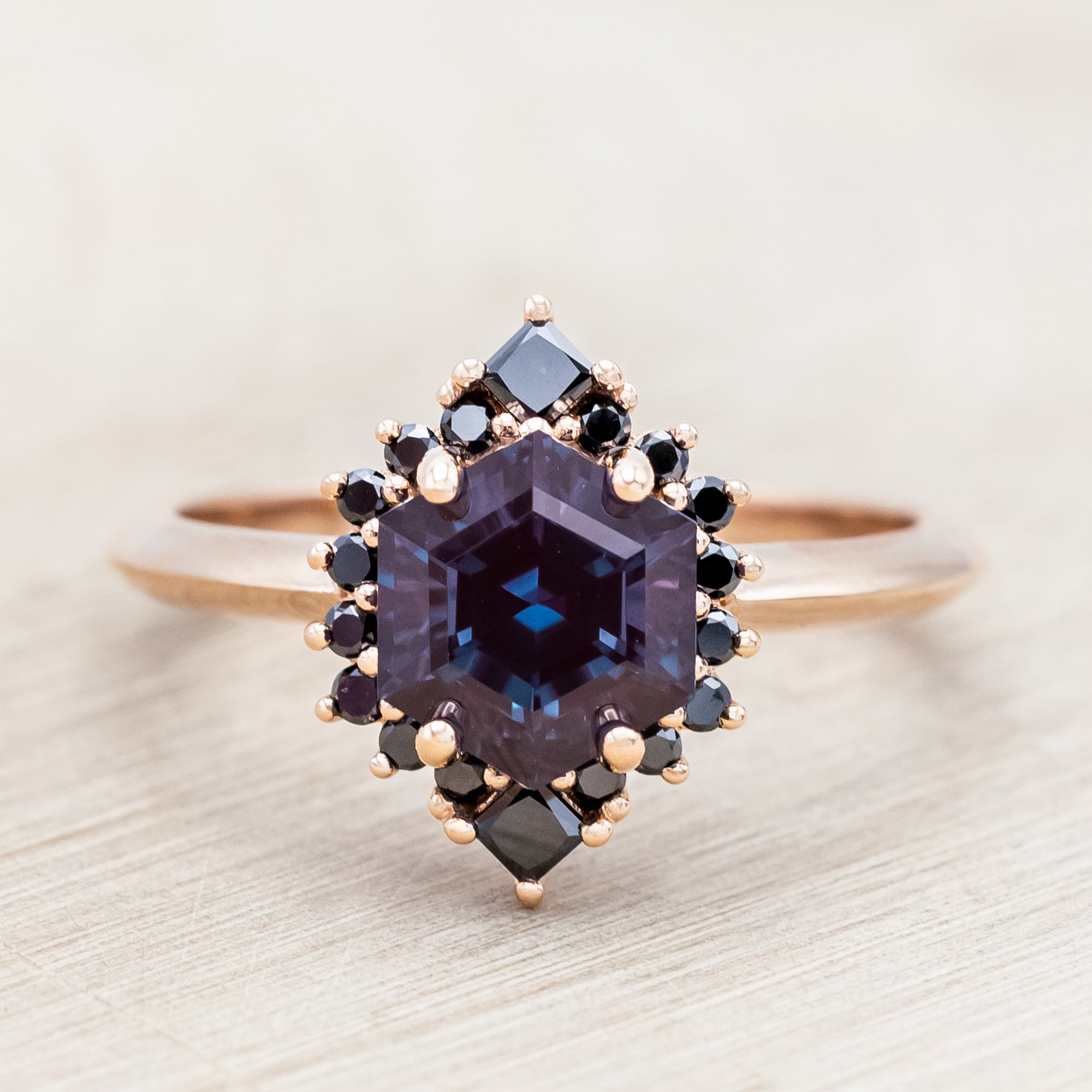 "NEREZZA" - HEXAGON CUT ENGAGEMENT RING WITH A BLACK DIAMOND HALO-Staghead Designs