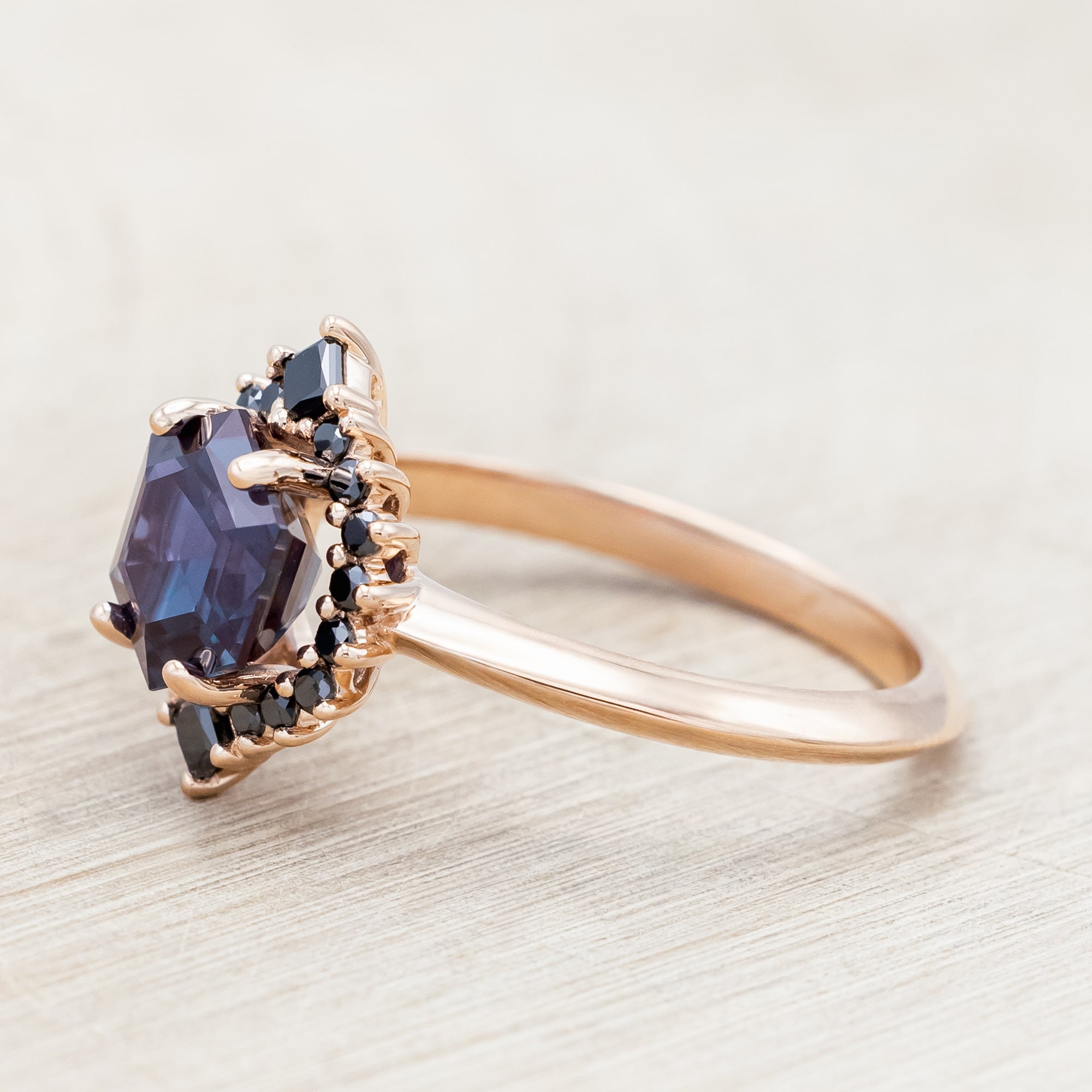 "NEREZZA" - HEXAGON CUT ENGAGEMENT RING WITH A BLACK DIAMOND HALO-Staghead Designs