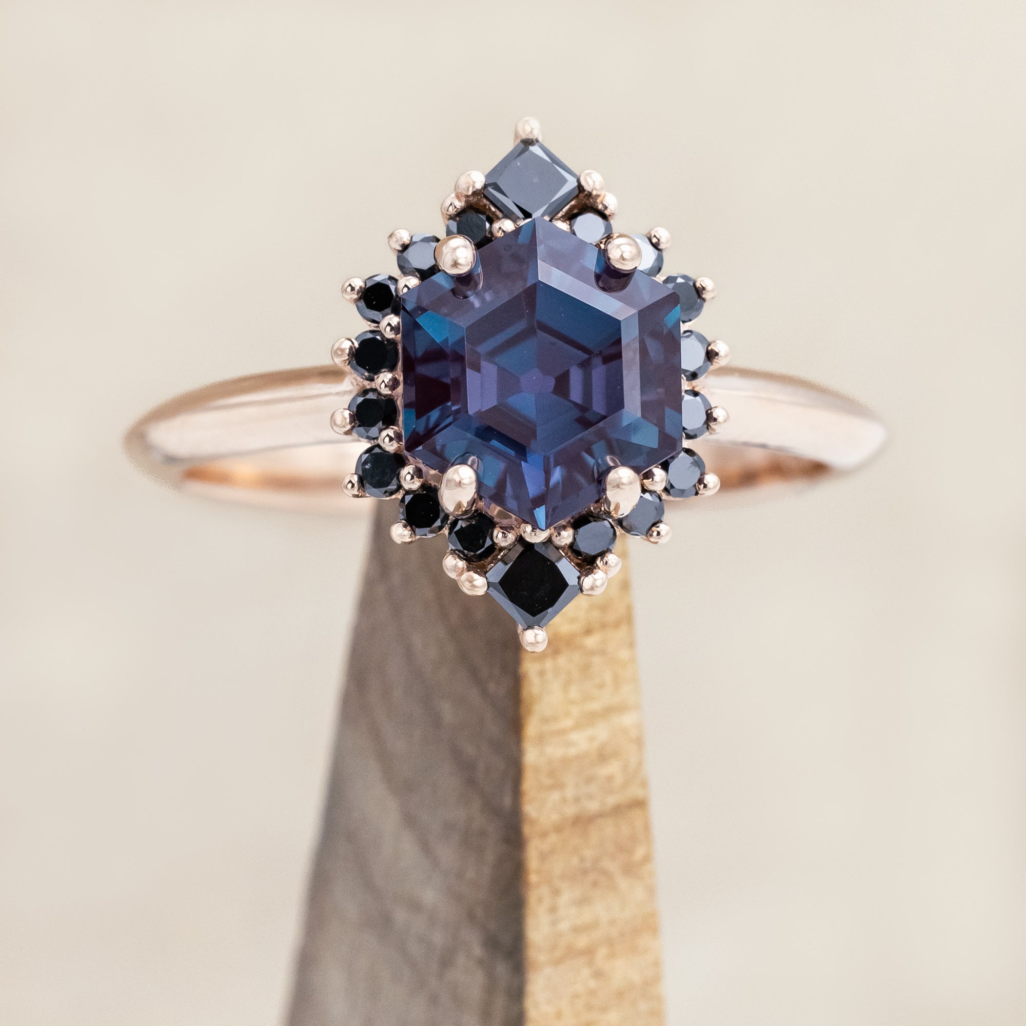 "NEREZZA" - HEXAGON CUT ENGAGEMENT RING WITH A BLACK DIAMOND HALO-Staghead Designs