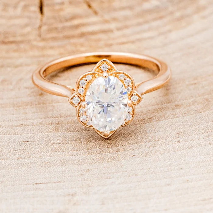 "Jane" - Oval Cut Moissanite Engagement Ring With Diamond Accents & Tracer - 14K Rose Gold - Size 4
