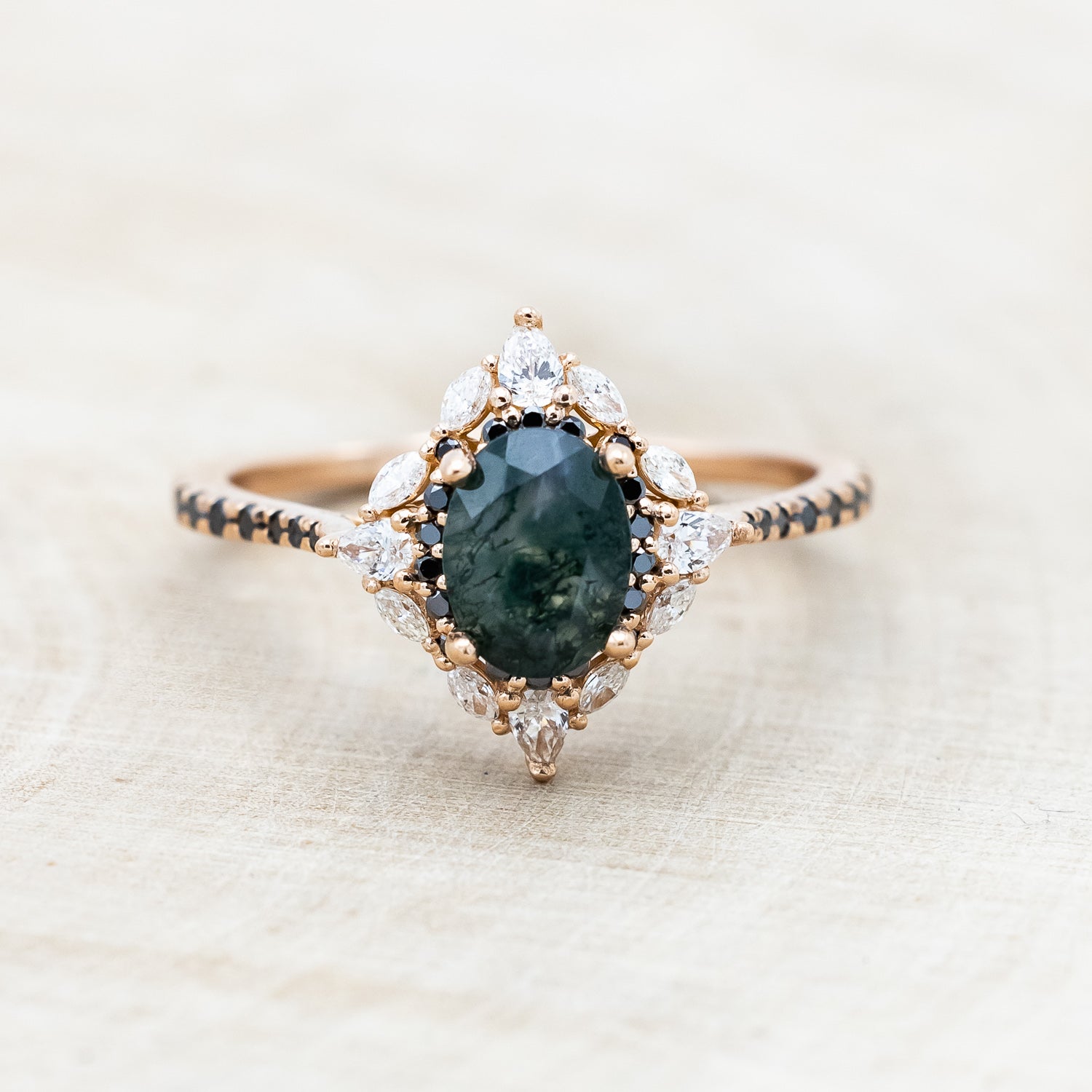 "North Star" - Oval Cut Moss Agate Engagement Ring With A Diamond Tracer-Staghead Designs