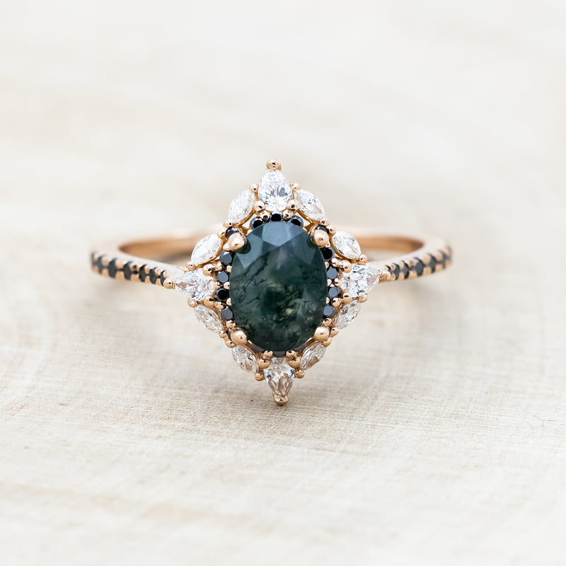 "NORTH STAR" - OVAL MOSS AGATE ENGAGEMENT RING WITH DIAMOND HALO & BLACK DIAMOND ACCENTS