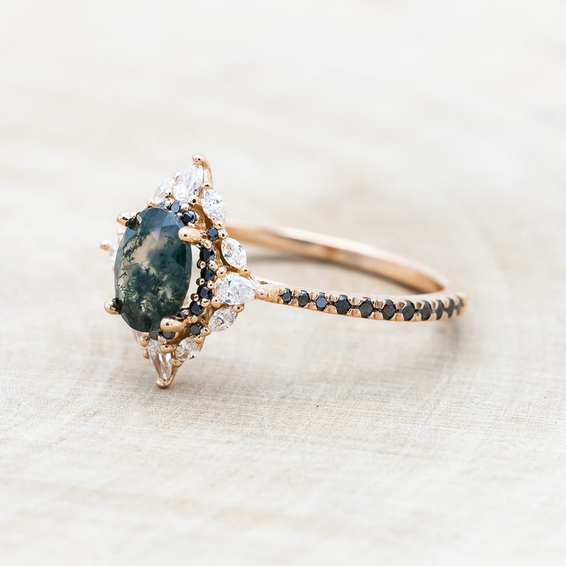 "NORTH STAR" - OVAL MOSS AGATE ENGAGEMENT RING WITH DIAMOND HALO & BLACK DIAMOND ACCENTS