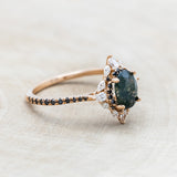 "NORTH STAR" - OVAL MOSS AGATE ENGAGEMENT RING WITH DIAMOND HALO & BLACK DIAMOND ACCENTS