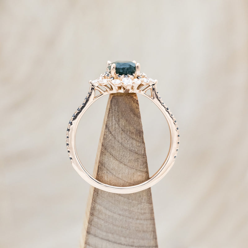 "NORTH STAR" - OVAL MOSS AGATE ENGAGEMENT RING WITH DIAMOND HALO & BLACK DIAMOND ACCENTS