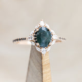 "NORTH STAR" - OVAL MOSS AGATE ENGAGEMENT RING WITH DIAMOND HALO & BLACK DIAMOND ACCENTS