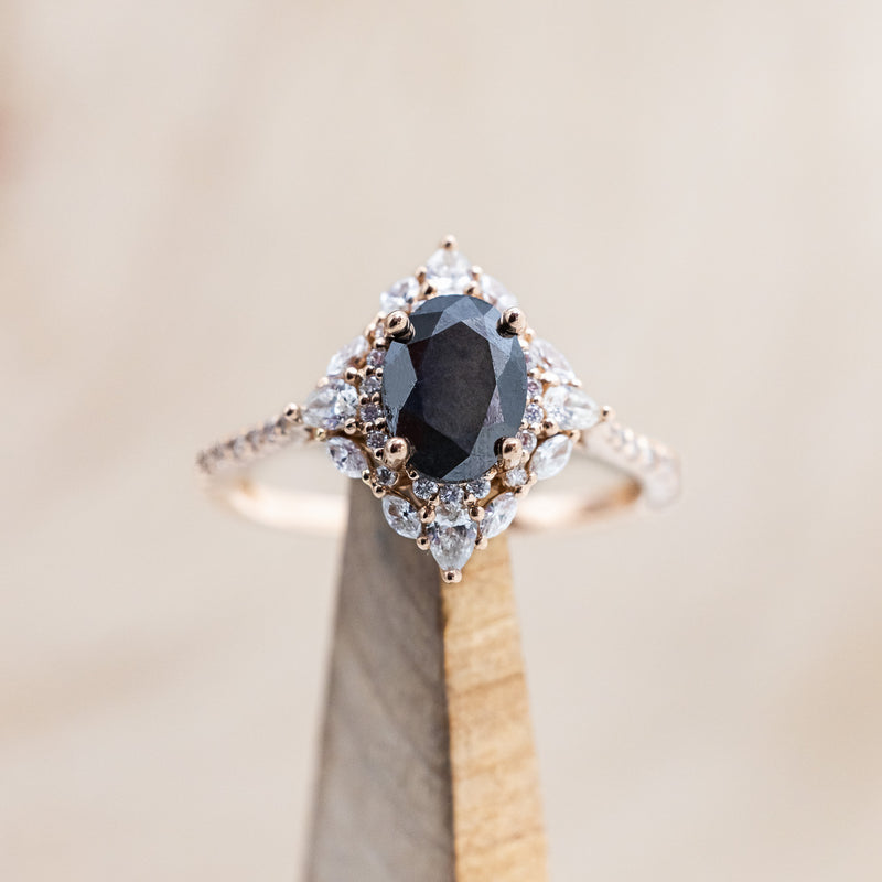 "NORTH STAR" - OVAL SALT & PEPPER DIAMOND ENGAGEMENT RING WITH DIAMOND HALO & ACCENTS-Staghead Designs