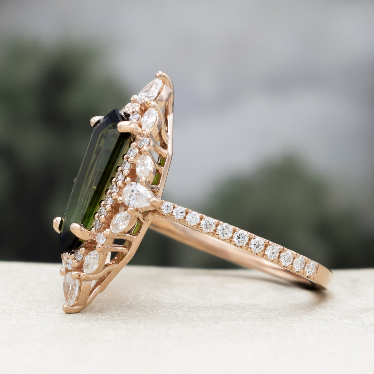 "North Star" - Dagger Cut Green Tourmaline Engagement Ring With Diamond Halo-Staghead Designs