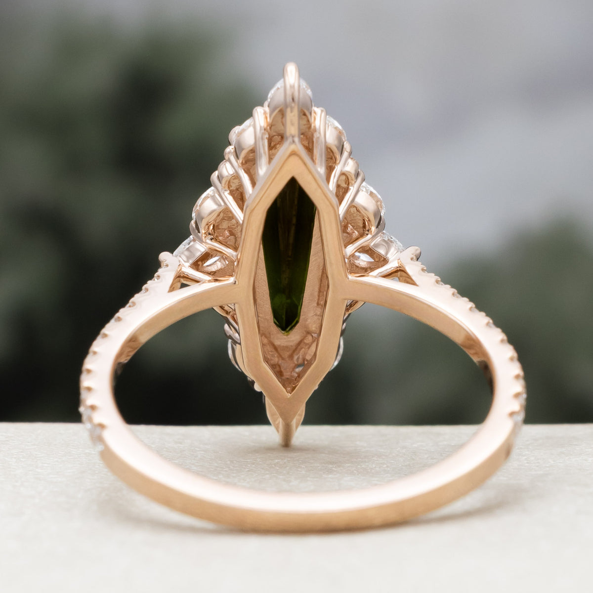 "North Star" - Dagger Cut Green Tourmaline Engagement Ring With Diamond Halo-Staghead Designs