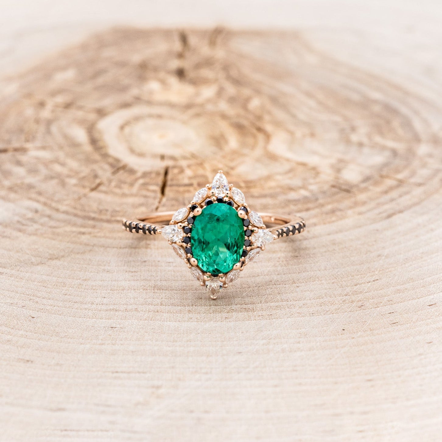 "NORTH STAR" - OVAL LAB-GROWN EMERALD ENGAGEMENT RING WITH DIAMOND HALO & BLACK DIAMOND ACCENTS-4